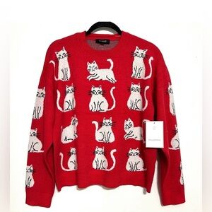 Anthropologie Calligraphie Red Novelty Sweater Cat Kitty Cozy Christmas NEW L